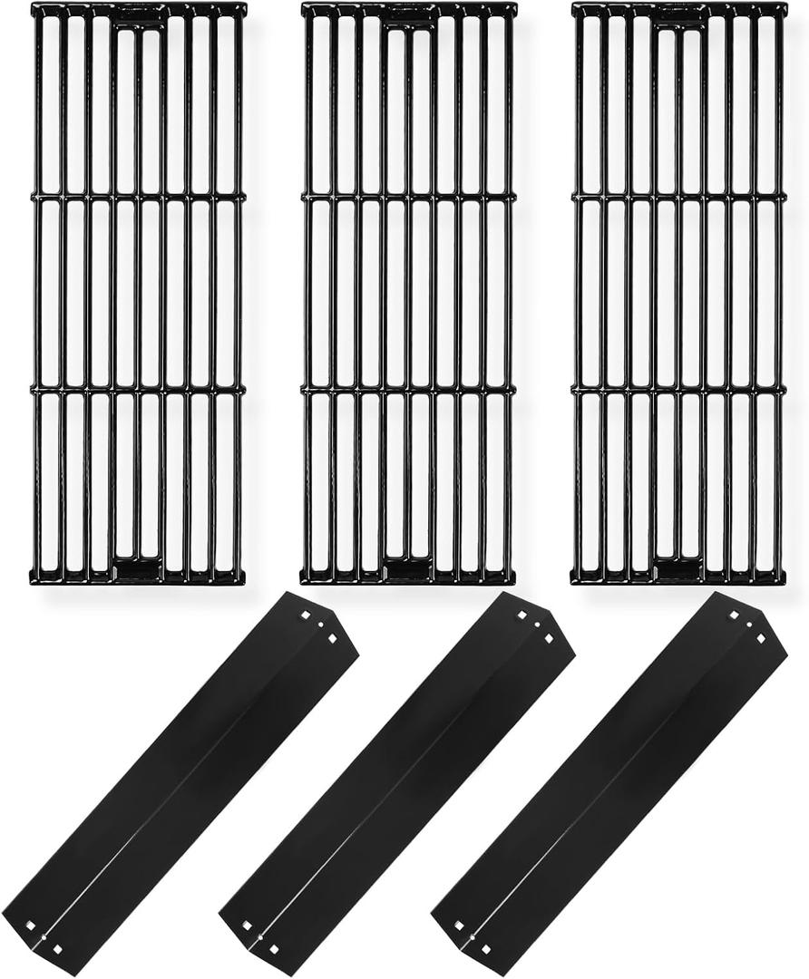 Hisencn Replacement Parts for Char-Griller 5050, 3001, 5650, 3008, 3030, 4000, Porcelain Steel Heat Plate and Cooking Grates for Chargriller 3 Burner Gas Grill