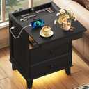 Yusong LED Night Stand with Gun Drawer, Bedside Table with Charging Station, Sofa Couch End Side Table with with 2 Drawers ＆Open Shelf for Bedroom, Black