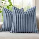decorUhome Cozy Faux Fur Throw Pillow Covers 20x20 Set of 2 Decorative Soft Plush Striped Modern Farmhouse Boho Couch Pillow Cases with Velvet Back for Sofa Bed Living Room, Grey Blue