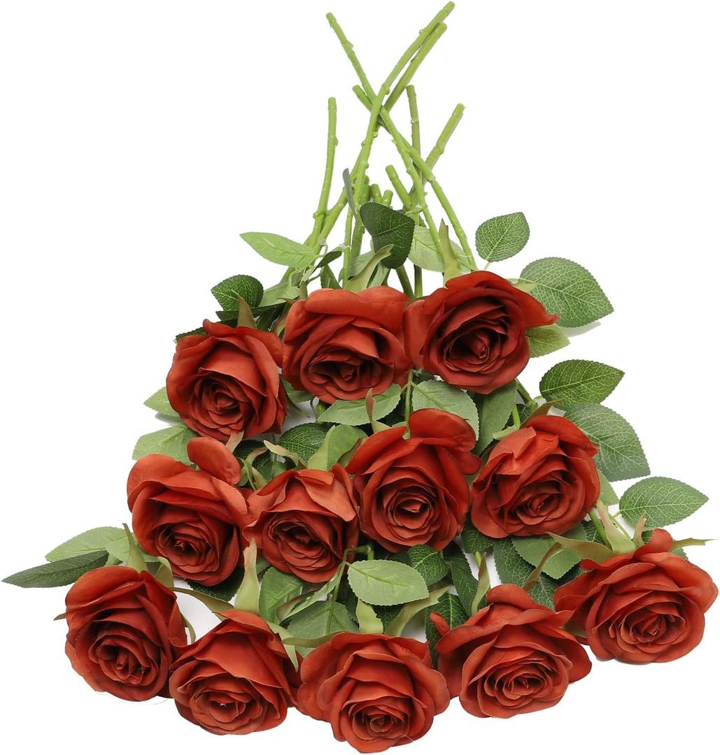 LVEFIT Artificial Rose Flower Artificial Flowers Flower with Long Stem Silk Roses Bouquet for Wedding Bridal Shower Party Home Decoration (Burnt Orange, 12 Pcs)