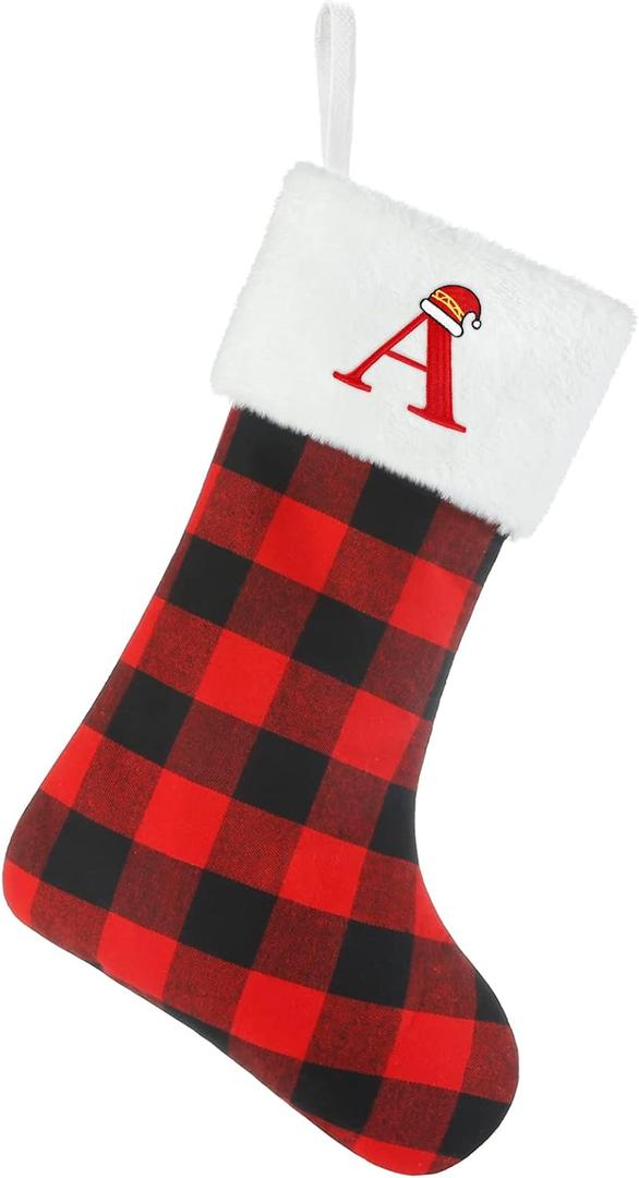 Senneny Christmas Stockings with Initials, 20 Inch Large Red Black Buffalo Plaid Monogram Xmas Stockings with White Plush Faux Fur Cuff, Christmas Decorations for Family Holiday Party, Letter A