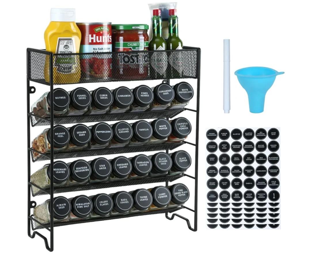 Spice Rack Organizer with 28 Spice Jars, Black Lids，Spice Labels, Chalk pen and Funnel Set for Cabinet, Countertop, Pantry, Cupboard or Wall Mount