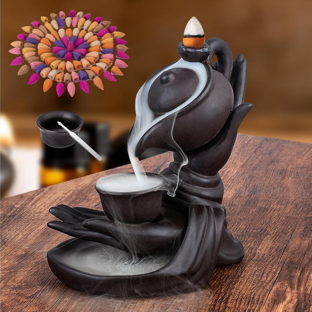 Waterfall Incense Burner Buddha Hand Backflow Incense Waterfall Burner Smoke Incense Holder Waterfall with 100 Incense Cones 10 Kind of Scents (Black Purple Sand)