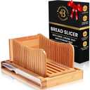 Bread Slicer for Homemade Bread - Adjustable Bamboo Bread Cutter with Knife, Foldable Slicing Guide & Crumb Tray - Bread Loaf Slicer for Sourdough, Cakes, Bagels, Loaves - Kitchen Gadgets Baking Gifts