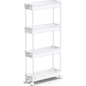 SPACEKEEPER Slim Rolling Storage Cart 4 Tier Bathroom Organizer Mobile Shelving Unit Utility Cart Tower Rack for Kitchen Laundry Narrow Places, White, 38.7*15.3*4.9 in
