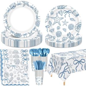 Havawish 120 Pcs Ocean Seashell Party Plates Supplies Blue Bow Beach Style Tableware with Starfish Coral Disposable Plates Napkins Cups Tablecloth Forks for Birthday Summer Coastal Party for 24 Guests