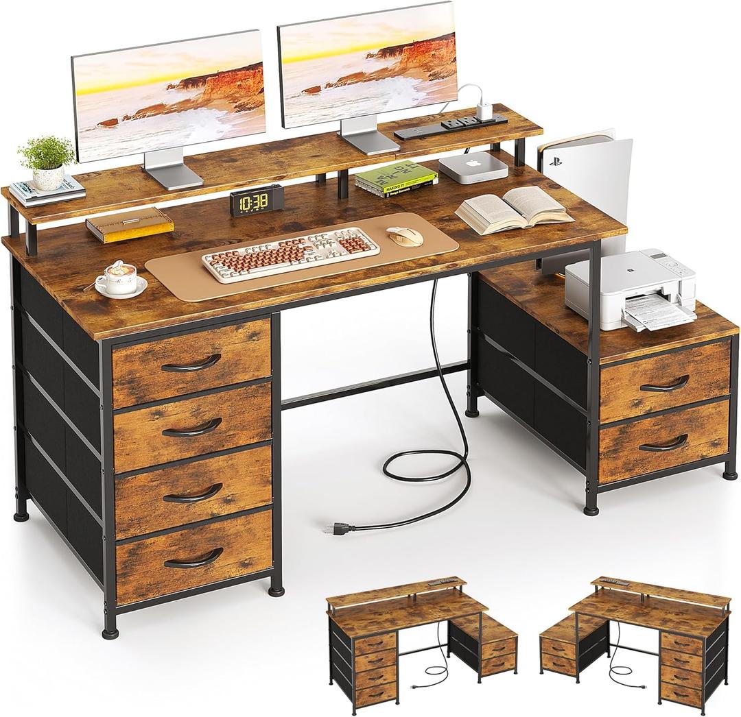 52 Inch Office Desk with 6 Drawers and Printer Space for Storage, Reversible Computer Desk with Monitor Stand & Power Outlets, Home Office Desks, Vintage