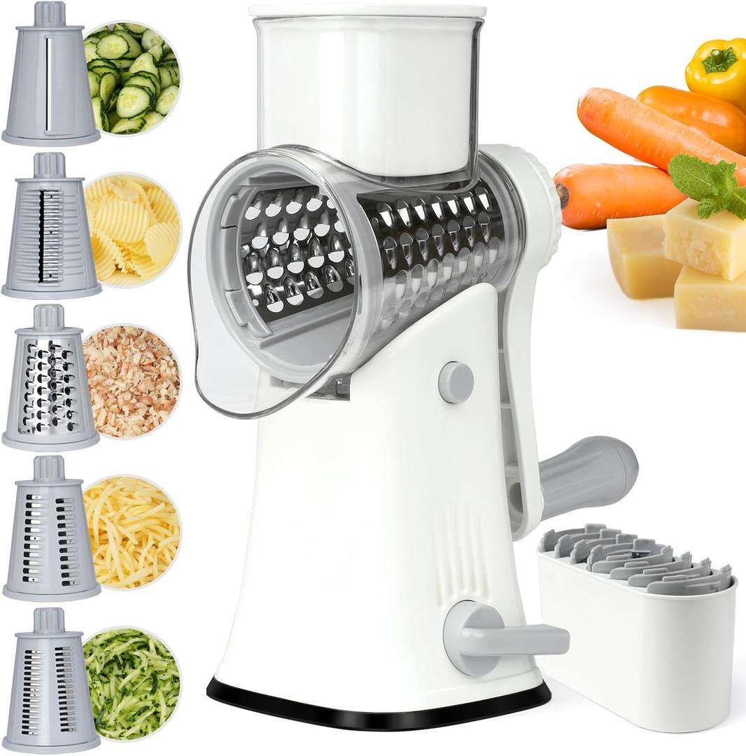 Rotary Cheese Grater with Handle, Kitchen Mandoline Vegetable Slicer with 3 Interchangeable Blades & Strong Suction Base, Easy to Clean Grater for Vegetables, Fruit, Nuts