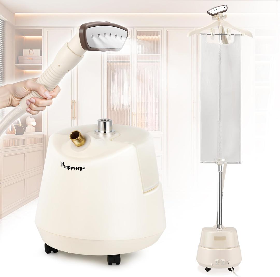 Standing Garment Steamer with Ironing Pad, 2200W Steamer for Clothes, 3L Tank, 70-Min Continuous Steam, 40s Fast Heating, Adjustable Height, Drain Port Design, Universal Wheels, White