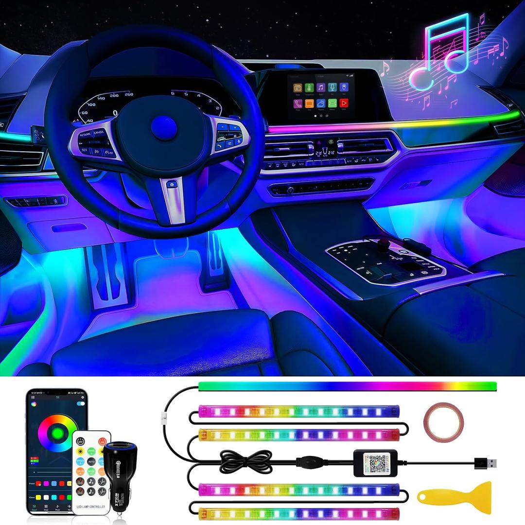 DUOFU365 Car Led Light Interior, RGB Dreamcolor Inside Light Music Sync, Under Dash Footwell Automotive Strip Light, 12V Acrylic Strip Light for Vehicle, Truck,Jeep, SUV with Car Charger (1 S2et)