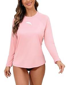 Halcurt Women's Long Sleeve Rash Guard Swim Shirt with Built in Bra Lightweight UPF50+ Quick Dry Swimsuit Top Pink L