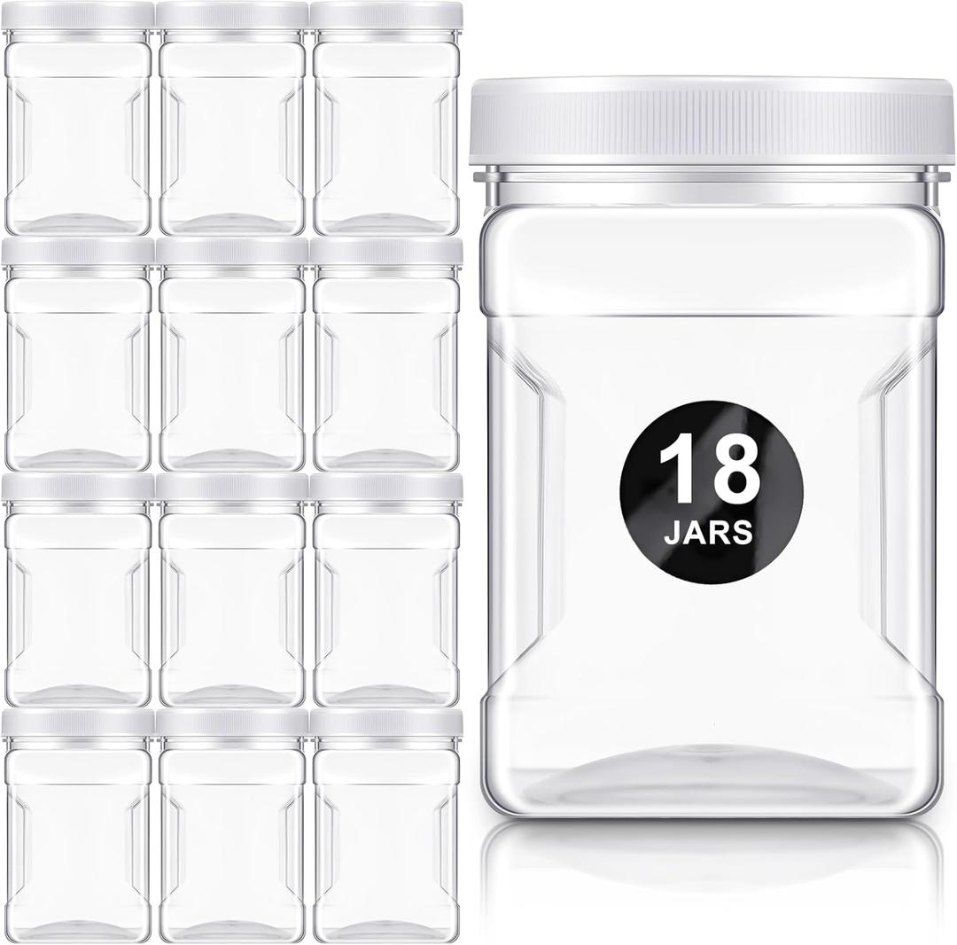 Gerrii 18 Pcs 27 Oz Plastic Storage Jars with Lids, Clear Wide Mouth Square Plastic mason Containers, Paint Storage Containers with Easy Grip Handles, Reusable Wide Mouth Canisters