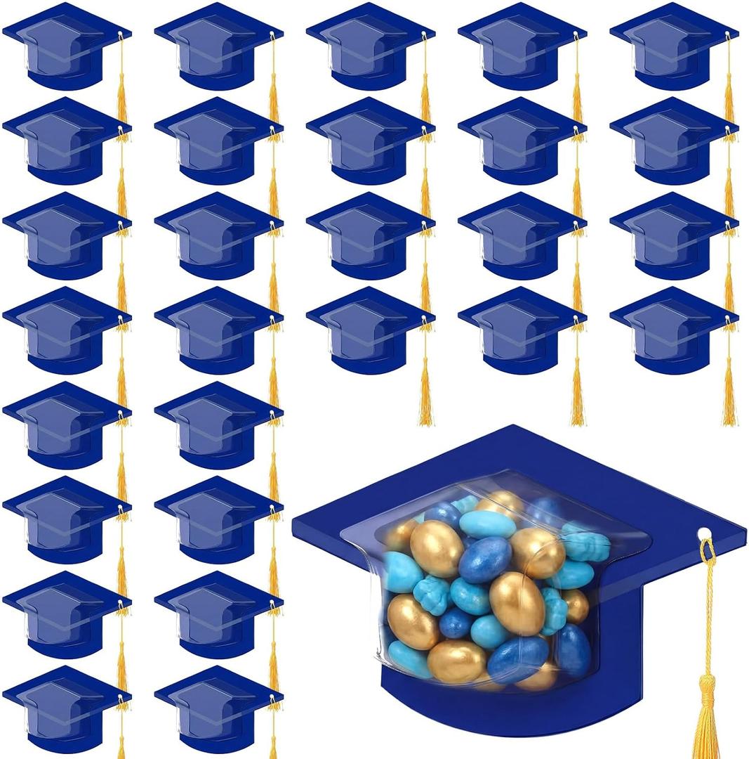 Motiskyy 30 Pack Graduation Cap Candy Card Class of 2026 Grad Party Favor Candy Dome Greeting Card with Tassel Chocolate Holder College High School Graduate Gift Box DIY Supplies (Blue,Gold)