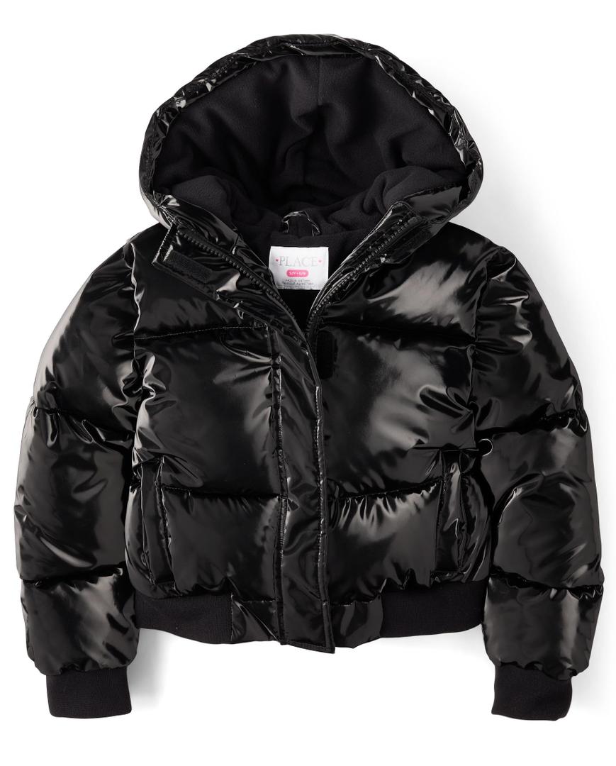 The Children's Place,Girls,Water and Wind Resistant Hooded Zip Front Bomber Puffer Jacket, (Black, XS)