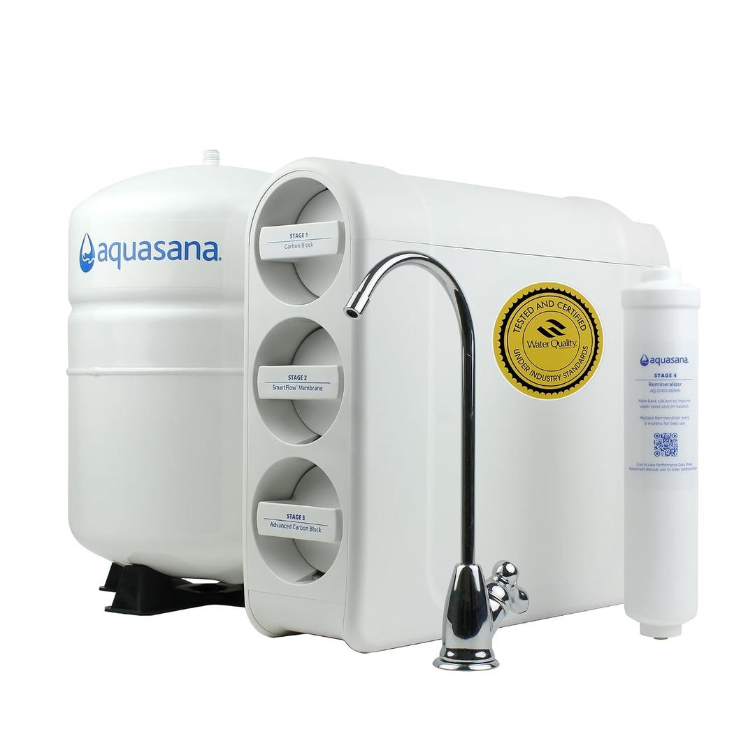 Aquasana SmartFlow Reverse Osmosis Water Filter | RO Under Sink System | WQA Certified up to 99.99% of 90 contaminants Including Fluoride, PFAS, Arsenic, Lead, and Chlorine | Chrome Faucet