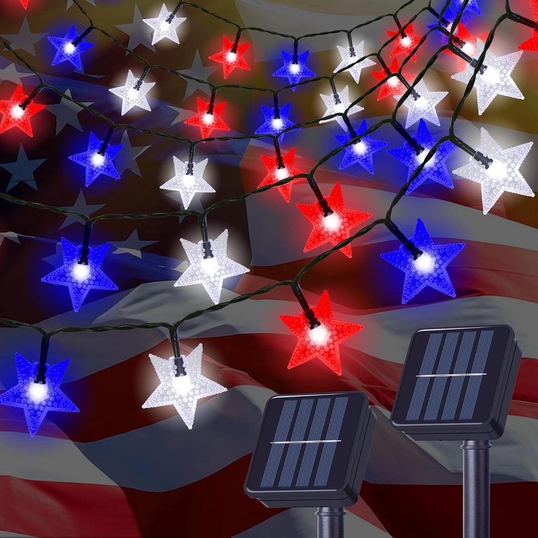 2 Pack Solar Powered Outdoor Patriotic Star String Lights, 100 LED 33 FT Each July 4th Decorative Lights, 8 Lighting Modes, Waterproof for Independence Day Party Patio Garden Decor, Red White & Blue
