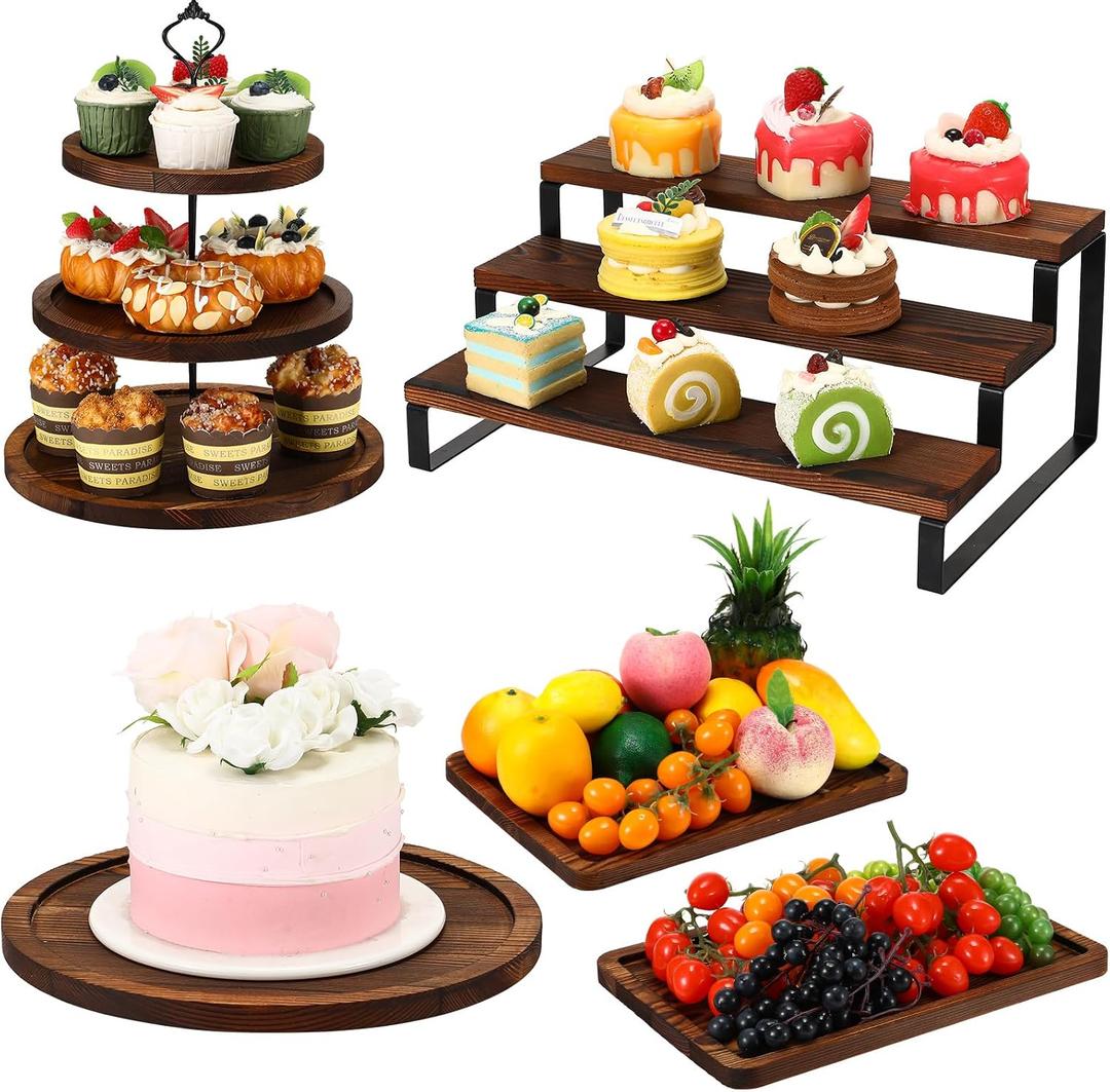 Teenyyou 5 Pcs Wooden Cupcake Stand Set 3 Tiered Display Shelf Round Rotatable Cupcake Stand Cake Tower Wood Rectangle Cake Tray for Dessert Table, Festivals, Wedding Party (Dark Color)