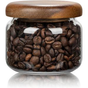 1 PC Small Glass Storage Jars with Airtight Lids, 10 fl oz (300ml) coffee container with Wooden Lid, Glass Pantry Canister for Beans, Rice, Sugar and etc