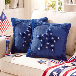 Hahafelt 2 Pack 4th of July Pillow Covers 18 x 18 Inch White and Blue Patriotic Throw Pillow Covers Soft Plush Faux Fur Cushion Case Independence Day Decoration for Chair Sofa Bedroom Home