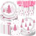 Pickmesh 400 Pcs Pink Winter Party Supplies Silver Xmas Tree Snowflake Disposable Paper Plates Napkins Cups Cutlery for Winter Xmas Christmas Birthday Party Table Decorations Serve 50