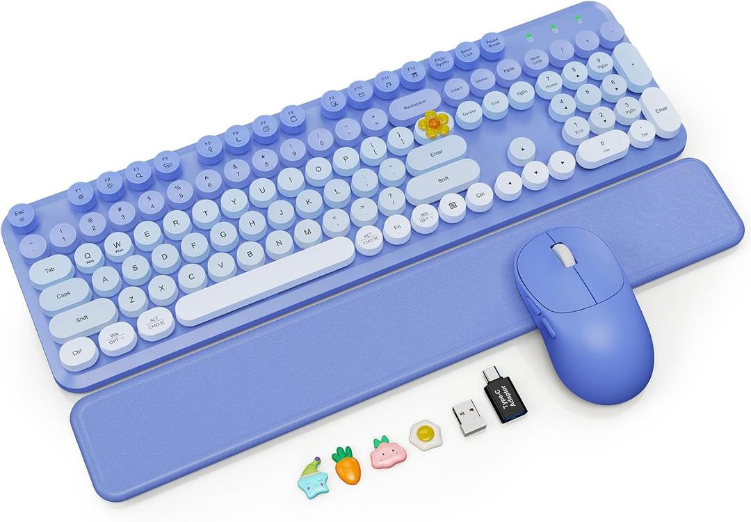 Wireless Keyboard and Mouse Combo, Magnetic Soft-Touch Wrist Rest, Round Keycaps, Full-Size Retro Typewriter Style Keyboard, 2-Stage Tilt Legs, Auto Sleep, 2.4GHz Cordless for Windows PC, Purple Ombre