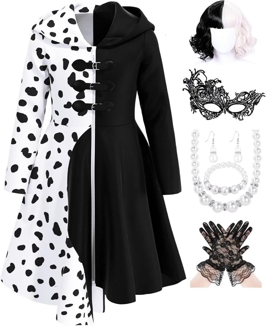 Girls Vintage Halloween Costume Dress Up Dalmatian Print Outfit (4T-5, White)