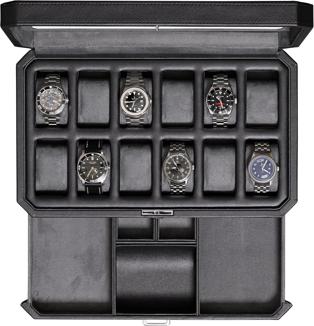 ROTHWELL 12 Slot Leather Watch Box with Valet Drawer - Luxury Watch and Jewelry Case Display Organizer, Microsuede liner, Mens Locking Storage Holder Large Glass Top (Black/Grey)