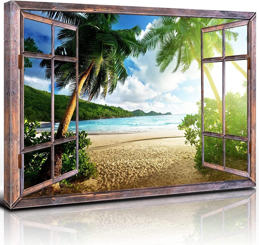 Large Window Beach Canvas Wall Art for Living Room Tropical Ocean Landscape Wall Decor Sunset Palm Tree Pictures Coastal Photo Prints Nature Seascape Artwork for Bedroom Office Home Decorations 32x48"