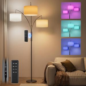 SIBRILLE 36W RGB Arc Floor Lamp with 3 White Fabric Shades, 3000LM Super Bright Standing Lamp with Remote Control & Touch, Stepless Dimming, Individual Light Control for Living Room, Bedroom