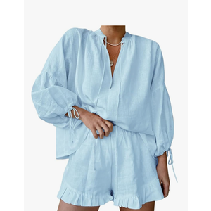 Women Ruffle 2 Piece Sets Long Sleeve Button Down Shirt and Shorts Pajamas Sets, (Blue 704, Size -Large)