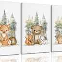 3 Pcs Nursery Woodland Animals Canvas Wall Art Fox Bear Deer Painting Picture Wall Decor Cute Wild Animals Poster Print Artwork For Baby Bedroom Kids Room Home Decoration (12inx16in Framed)