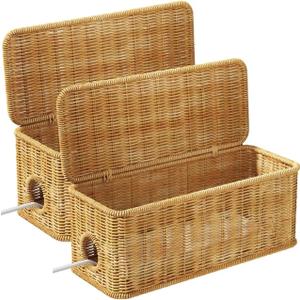 Cable Management Box,2 Open Slots Cord Organizer Hider Box with Lid,2 Pack Handwoven Imitation Rattan Cable Organizer Box for TV Wire Computer Router & Power Strip-A Style(Light Brown)