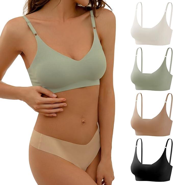 V Neck Bra Padded Seamless Adjustable Straps Bralettes Everyday Basic Sleeping Bras, Multiple Pack, Small
