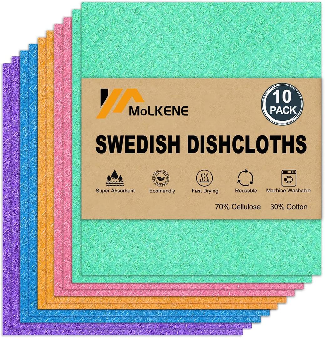 MoLKENE Swedish Dish Cloths - 10 Pack Reusable Kitchen Dishcloths - Ultra Absorbent Dish Towels for Washing Dishes - Cellulose Sponge Cloth Cleaning Rag - Assorted