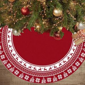 Christmas Tree Skirt 48 Inches | Red Xmas Tree Skirt with Rustic Snowflake & Reindeer Pattern, Fits 5 to 7 Foot Trees, Perfect Christmas Decorations for Holiday Trees.
