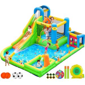 FBSPORT Inflatable Bounce House Water Slide, Bounce House for Kids Indoor Outdoor Bouncy House with 550W Blower, Bounce Castle with Slide Ball Shooting, Water Gun, Splash Pool, Bounce Area, Hose