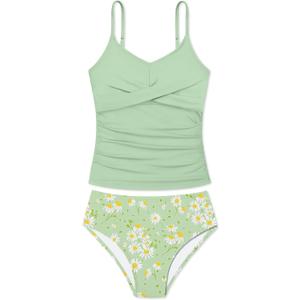 Girls Swimsuit 2 Piece Bathing Suit Criss Cross Ruched Girl Tankini Sets Printed Girls' Swimwear for 9-18 Years (15-16 Years)