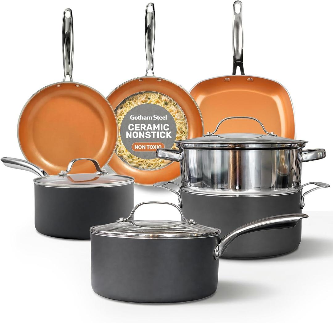 Gotham Steel 12 Pc Ceramic Cookware Set Nonstick, Ceramic Pots and Pans Set Non Stick with Steamer for Cooking, Non Toxic PFOA PFOS Free, Ergonomic Stay Cool Handles, Oven & Dishwasher Safe, Copper, 12 Piece Set