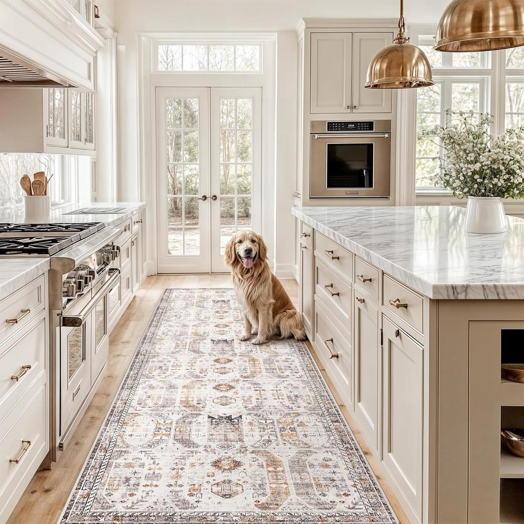 Madane Hallway Runner Rug 2'6''x10' Kitchen Runner, Non Slip Vintage Runners for Hallways Washable Kitchen Rugs Soft Low Pile 2.5x10 ft Rug Runner for Laundry Room, Entryway and Bedroom, Brown/Gold