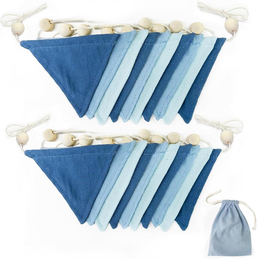 2 Sets of Blue Pennant Wooden Bead Banner Nursery Garland 20pcs Royal Linen Fabric Flags Triangle Streamers for Baby Room Decor Kids Boys Nautical Birthday Baby Shower Boho Event Party Decorations