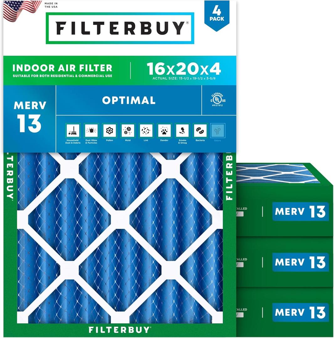 Filterbuy 16x20x4 Air Filter MERV 13 Optimal Defense (4-Pack), Pleated HVAC AC Furnace Air Filters Replacement (Actual Size: 15.50 x 19.50 x 3.63 Inches)