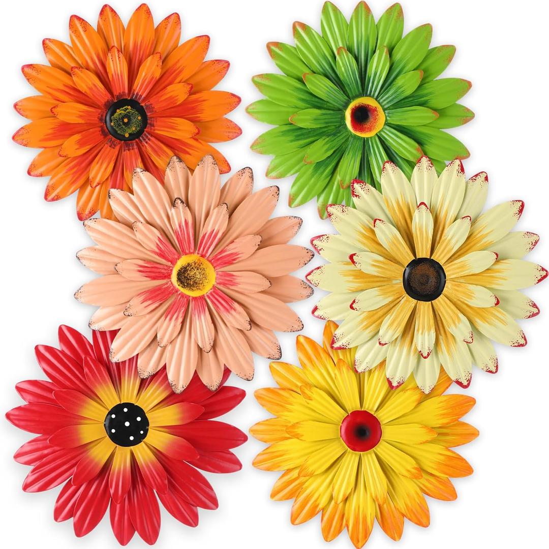 Photect 6 Pcs Metal Flowers Wall Decor Hanging Outdoor Metal Daisy Wall Art Decorations Multiple Layer 3D Daisy Flowers for Garden Farmhouse, 8 Inch(Warm Color)