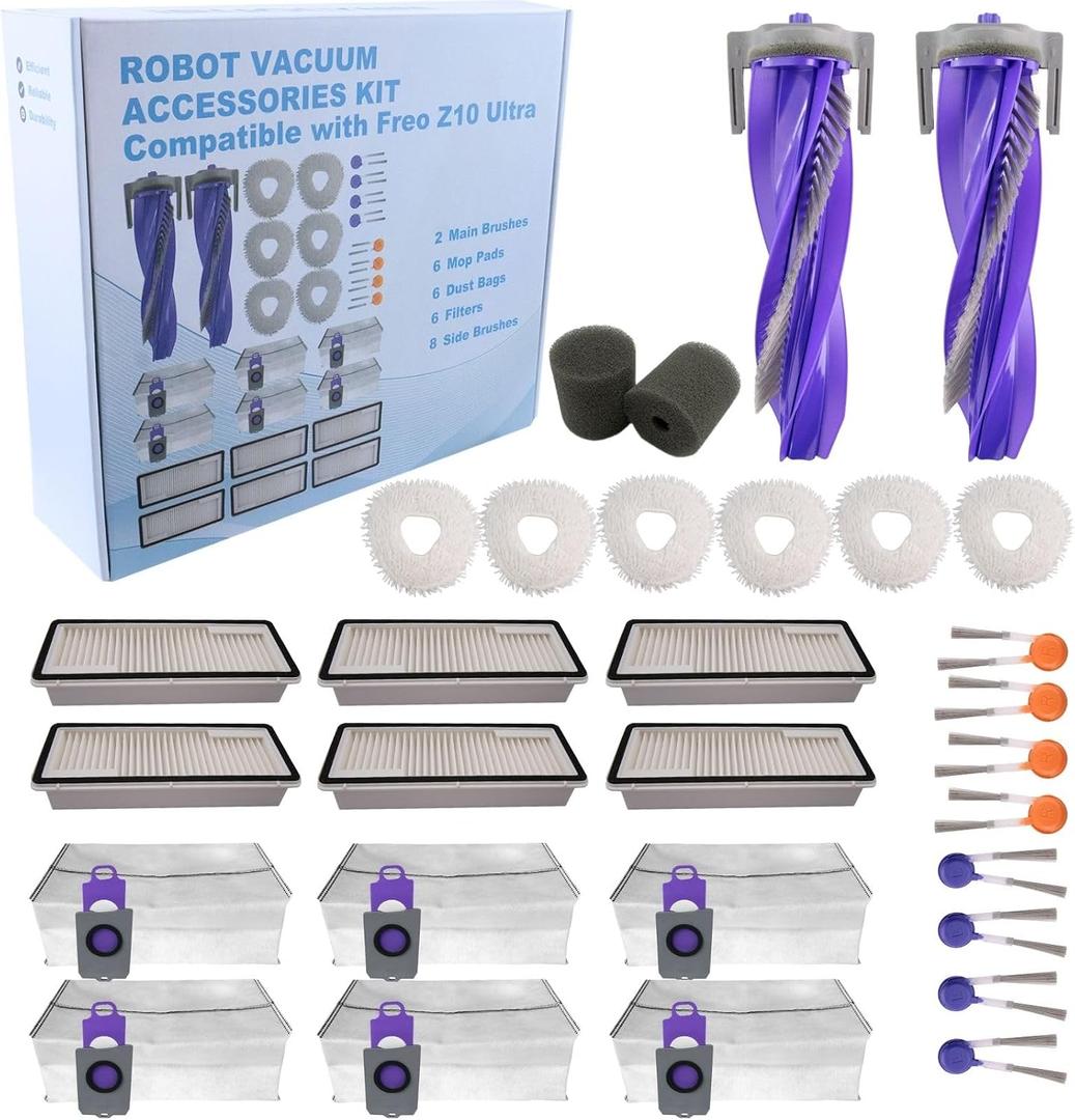 Replacement Accessories Parts Kit Compatible with Narwal Freo Z10 Ultra/Freo Z10 - Includes 6 Dust Bags, 6 Mop Pads, 6 Filters, 8 Side Brushes, 2 Rubber Main Brushes, 2 Water Tank Filter Sponge
