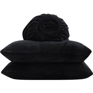 Velvet Plush Sheet Set(Include 1 Fitted Sheet & 2 Pillowcases) Truly Soft Milk Fluff Fitted Sheet with 18'' Deep Pocket-Breathable Anti-Static Luxury Sheet (Black, Queen (U.S. Standard))