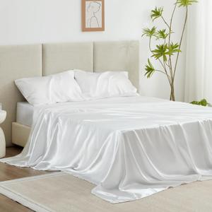 Love's cabin Satin Queen Sheets Set - 4 Piece White Silky Bed Sheets with Deep Pocket, Luxury Silk Feel Satin Queen Size Sheet Set (1 Flat Sheet,1 Fitted Sheet,2 Pillow Cases)