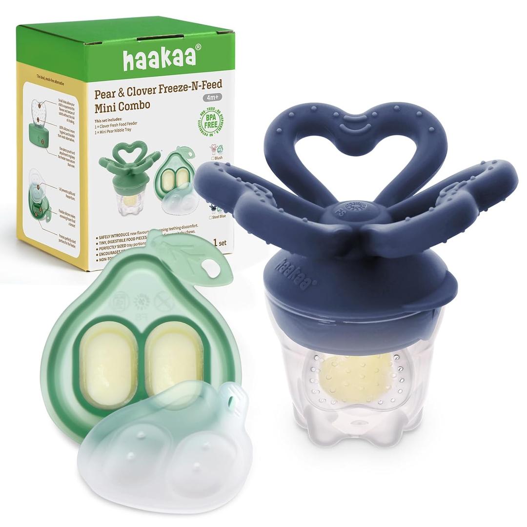 Haakaa Clover Baby Fruit Feeder Teether & Mini Freezer Nibble Tray  BPA-Free Silicone Breastmilk Popsicle Mold for Baby Teething Relief & Self-Feeding, 4M+ (Steel Blue)