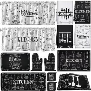 16 Pcs Farmhouse Black and White Kitchen Decor and Accessories Set 4 Kitchen Towels 2 Non Slip Rugs and Mats for Floor 2 Oven Mitts 2 Pot Holders 2 Curtains Sets for Home Decor Housewarming Mom Gift
