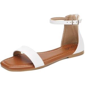Katliu Women's Ankle Strap Flat Sandals One Band Dressy Sandals Square Open Toe Sandals for Summer with Back Zipper, Size 41