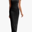 DRESSTELLS Women's Formal Wedding Guest One Shoulder Mesh Ruched Bodycon Cocktail Party Split Maxi Dresses M