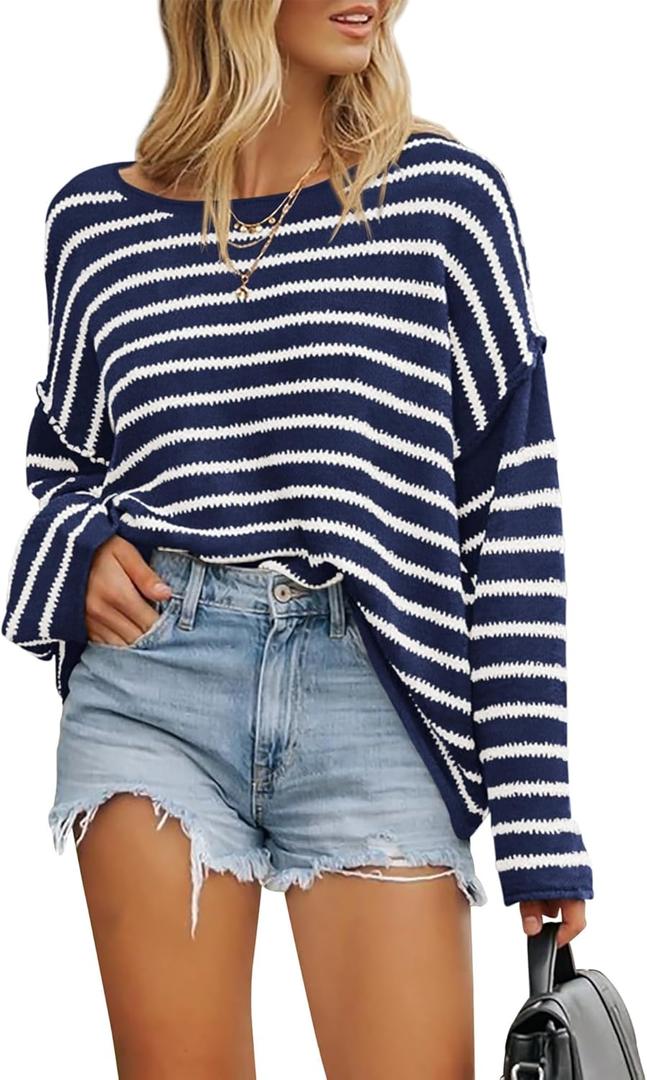 BTFBM Women's Striped Knit Sweaters 2025 Spring Fall Boat Neck Off Shoulder Long Sleeve Oversized Casual Pullover Tops(Striped Navy White, Small)